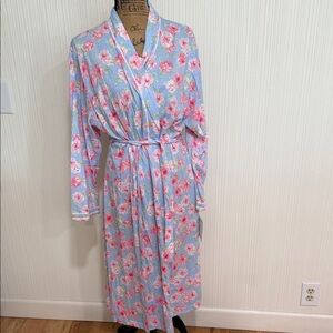 NWT Midnight by Carole Hochman Light Blue Floral Tie-Waist Robe Pink Blossoms